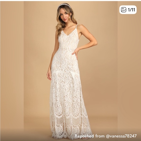 Lulus Women’s Flynn White Floral Lace Maxi Dress Mermaid Lace Train Hem Size M - Picture 1 of 10